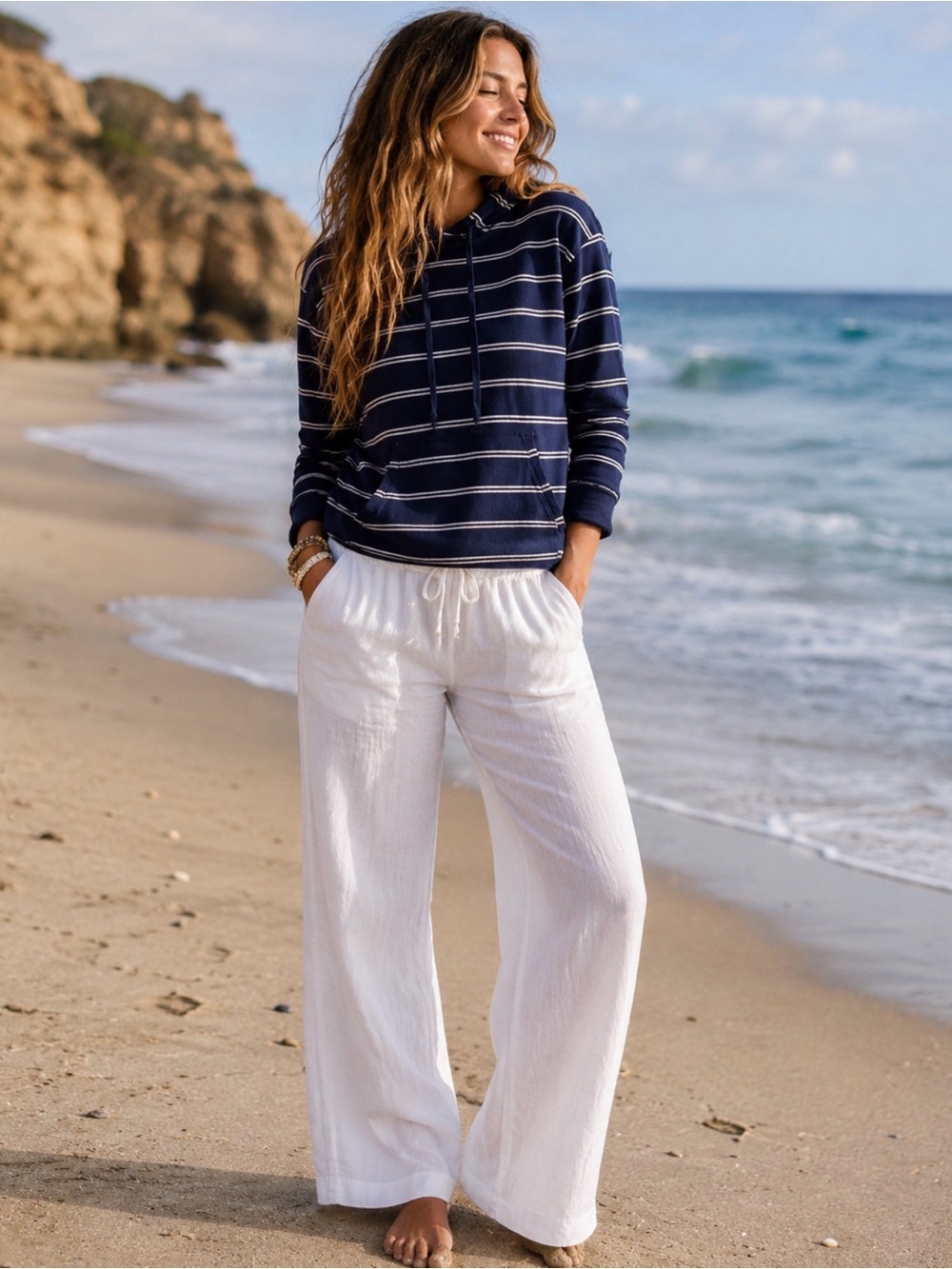 Lucky Brand Navy and White Striped Hoodie